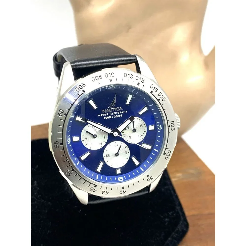 Nautica Men's Watch N11019 Quartz Blue Dial Black Leather Band 43mm